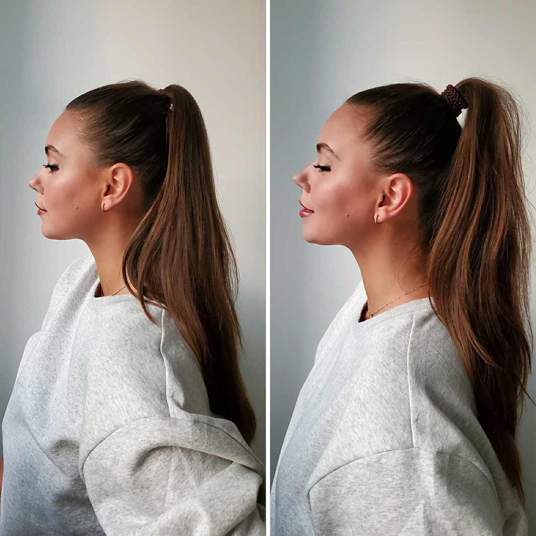 Side view comparison of ponytail before and after using hair extensions