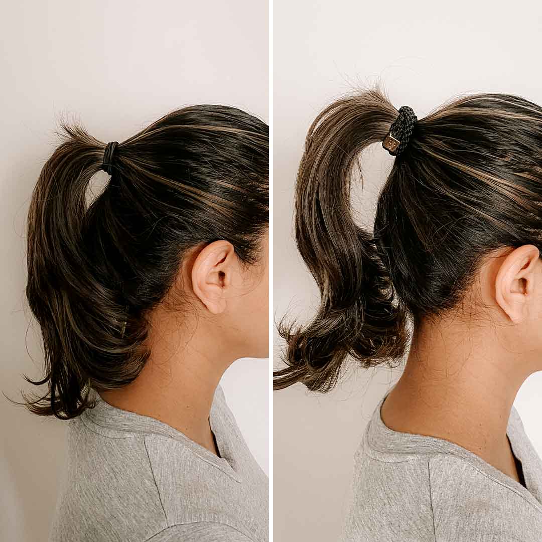 Side-by-side view of a woman with dark hair in a ponytail, showcasing a natural ponytail on the left and a voluminous, curled ponytail extension on the right.