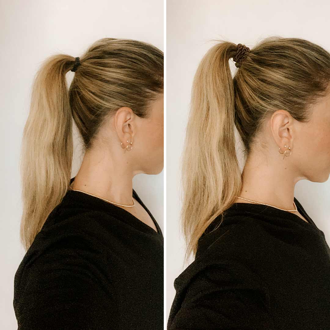 Side profile of a woman wearing a ponytail before and after using hair extensions