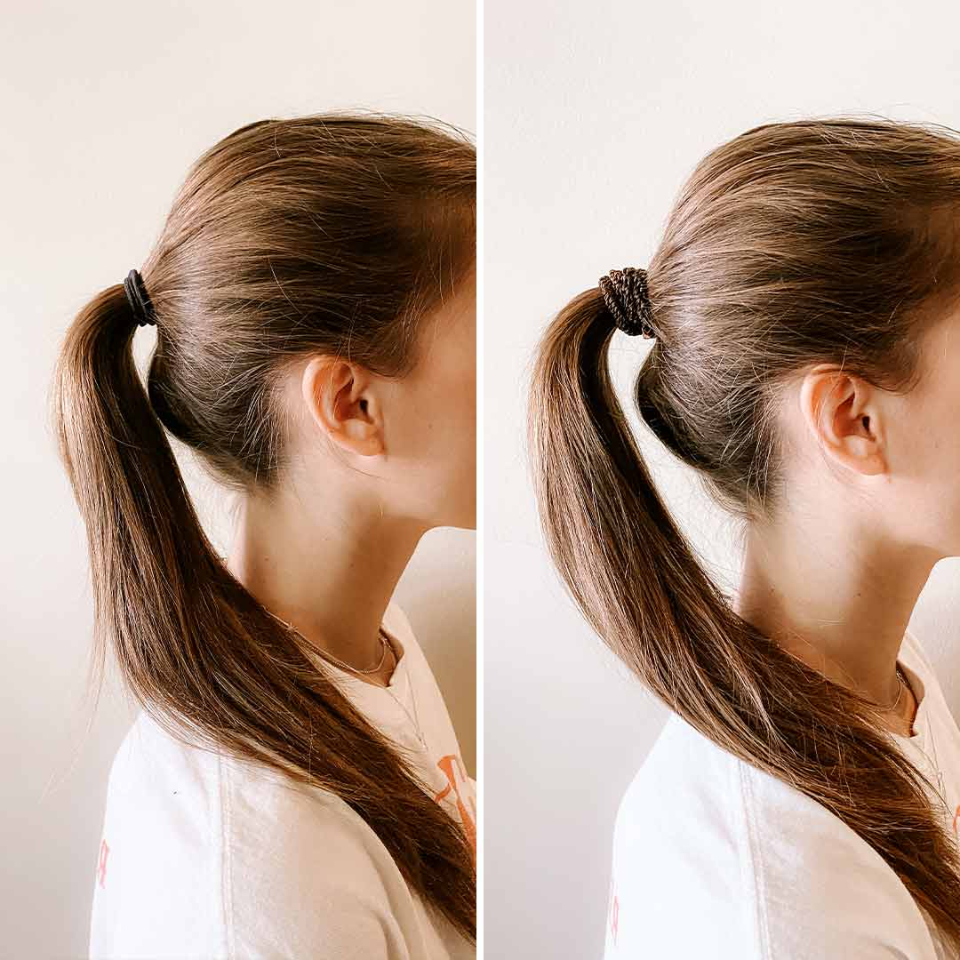 Side-by-side view of a woman with light brown hair in a high ponytail, showing a natural ponytail on the left and a voluminous ponytail extension on the right, against a plain background.