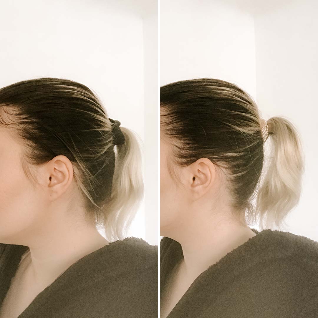 Side-by-side comparison of a woman with short, blonde-tipped hair in a ponytail.