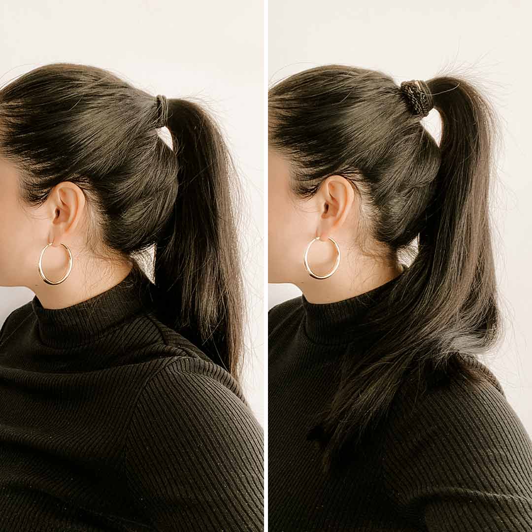 Side-by-side view of a woman with dark hair in a high ponytail showcasing a standard ponytail on the left and a voluminous ponytail extension on the right.