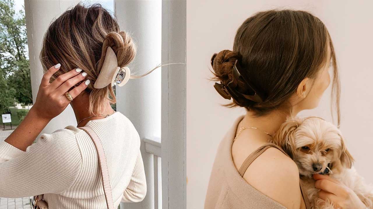 Image of Claw clip bun with tendrils hairstyle for short hair
