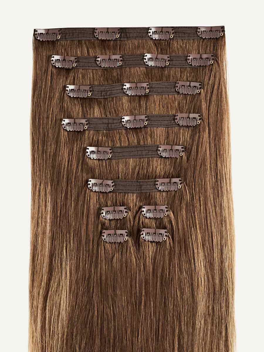 Luxy Hair Extension colored Chestnut Brown Balayage with Classic clip-ins showing the clips.