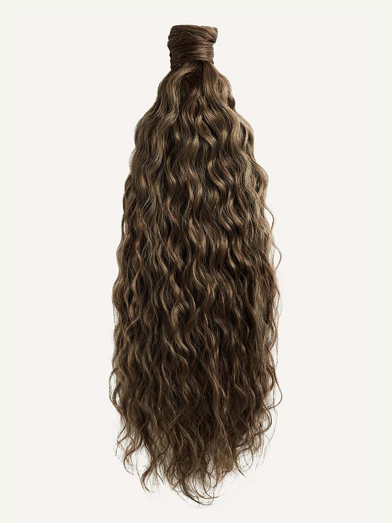 White background showcasing Luxy Hair Extension's long curly hair.